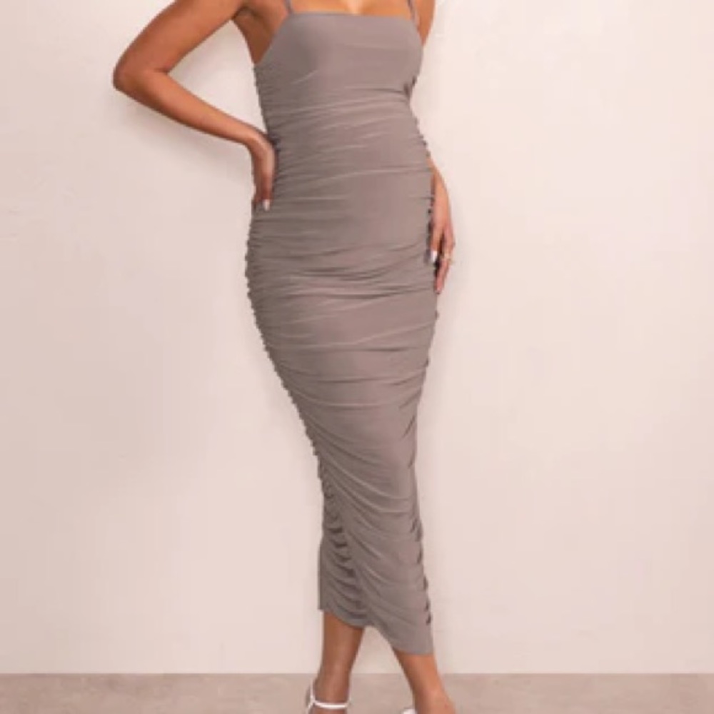 Sentimental | Mocha Maternity Midi Dress with Cami Straps and Ruching